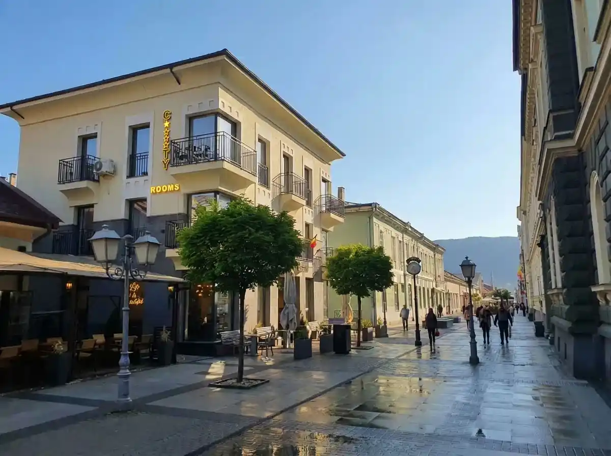 Hotel City Rooms Sighetu Marmației - vedere exterioară a clădirii pe strada pietonală din centrul orașului